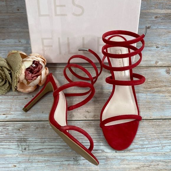 AVEC LES FILLES Joia Red Kid Suede Ankle Wrap Sandal 6M - Picture 1 of 14